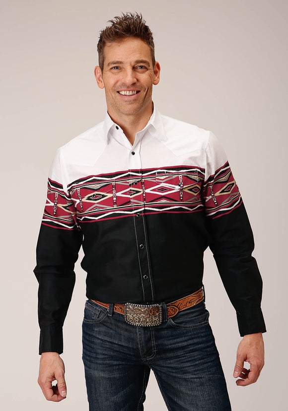 MENS LONG SLEEVE SNAP TRIBAL BORDER WESTERN SHIRT