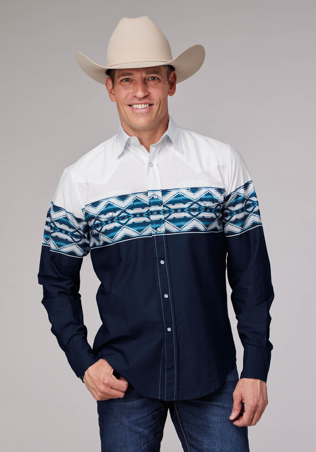 MENS AZTEC BORDER LONG SLEEVE SNAP WESTERN SHIRT