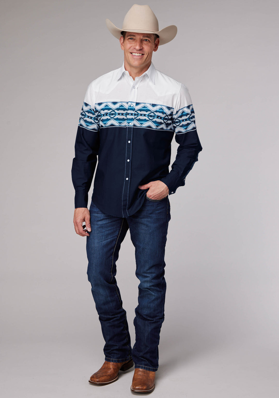 MENS AZTEC BORDER LONG SLEEVE SNAP WESTERN SHIRT