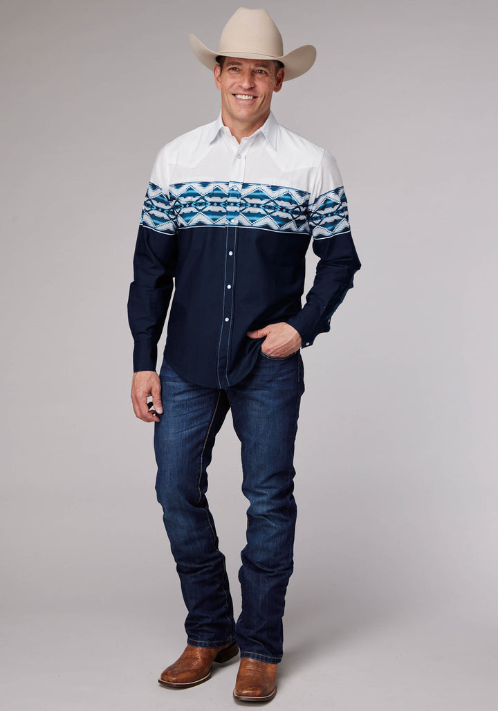 MENS AZTEC BORDER LONG SLEEVE SNAP WESTERN SHIRT