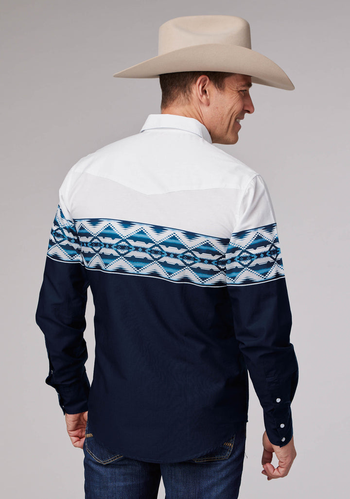 MENS AZTEC BORDER LONG SLEEVE SNAP WESTERN SHIRT