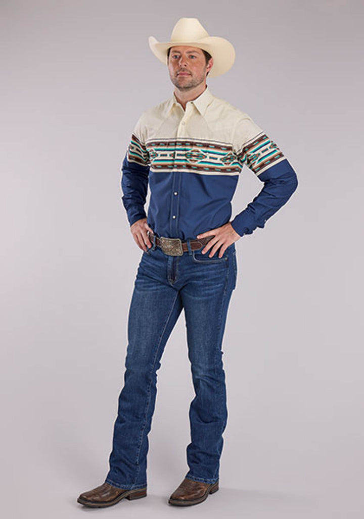 MENS VINTAGE AZTEC BORDER LONG SLEEVE SNAP WESTERN SHIRT