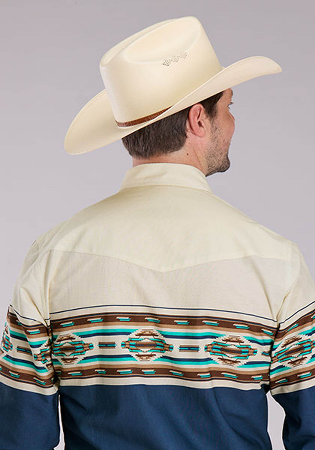 MENS VINTAGE AZTEC BORDER LONG SLEEVE SNAP WESTERN SHIRT