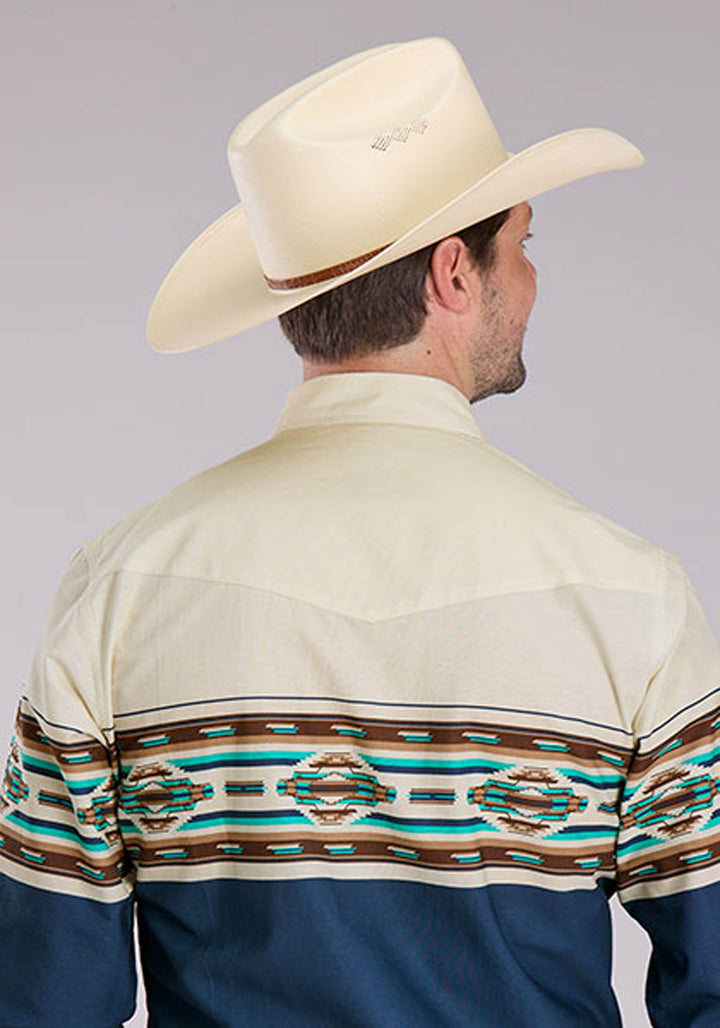 MENS VINTAGE AZTEC BORDER LONG SLEEVE SNAP WESTERN SHIRT
