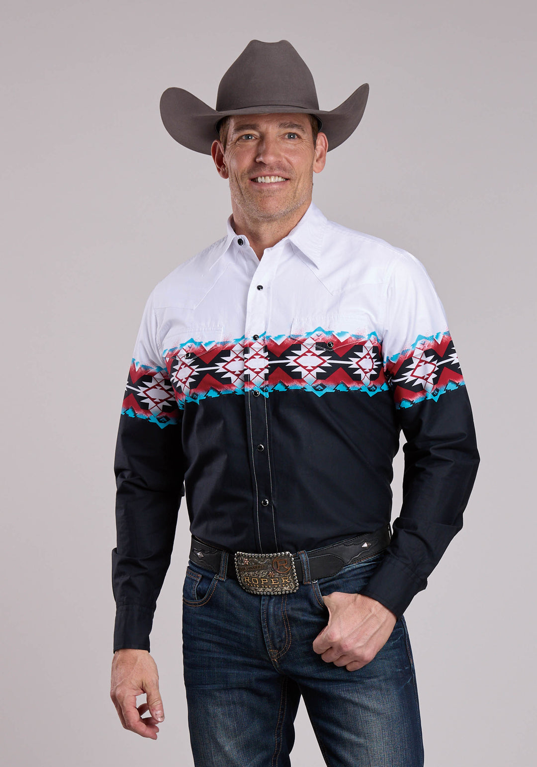 MENS ROPER STAMPLED AZTEC BORDER LONG SLEEVE SNAP SHIRT