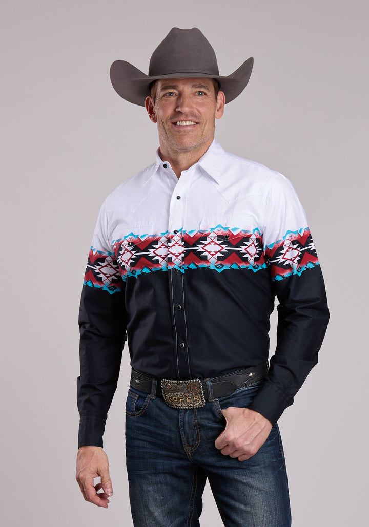 MENS ROPER STAMPLED AZTEC BORDER LONG SLEEVE SNAP SHIRT