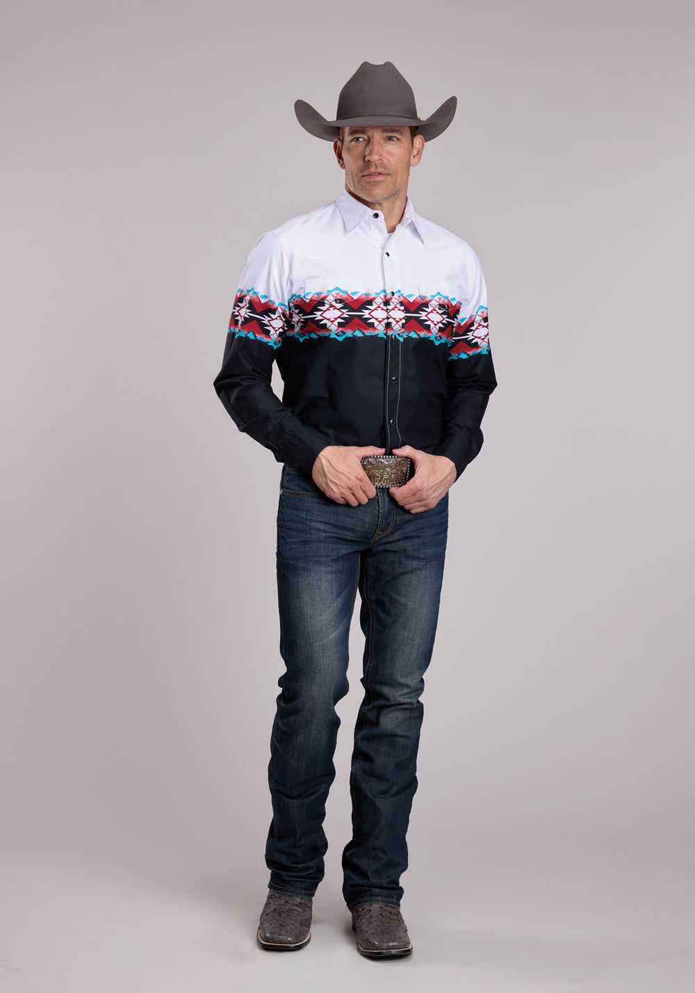 MENS ROPER STAMPLED AZTEC BORDER LONG SLEEVE SNAP SHIRT