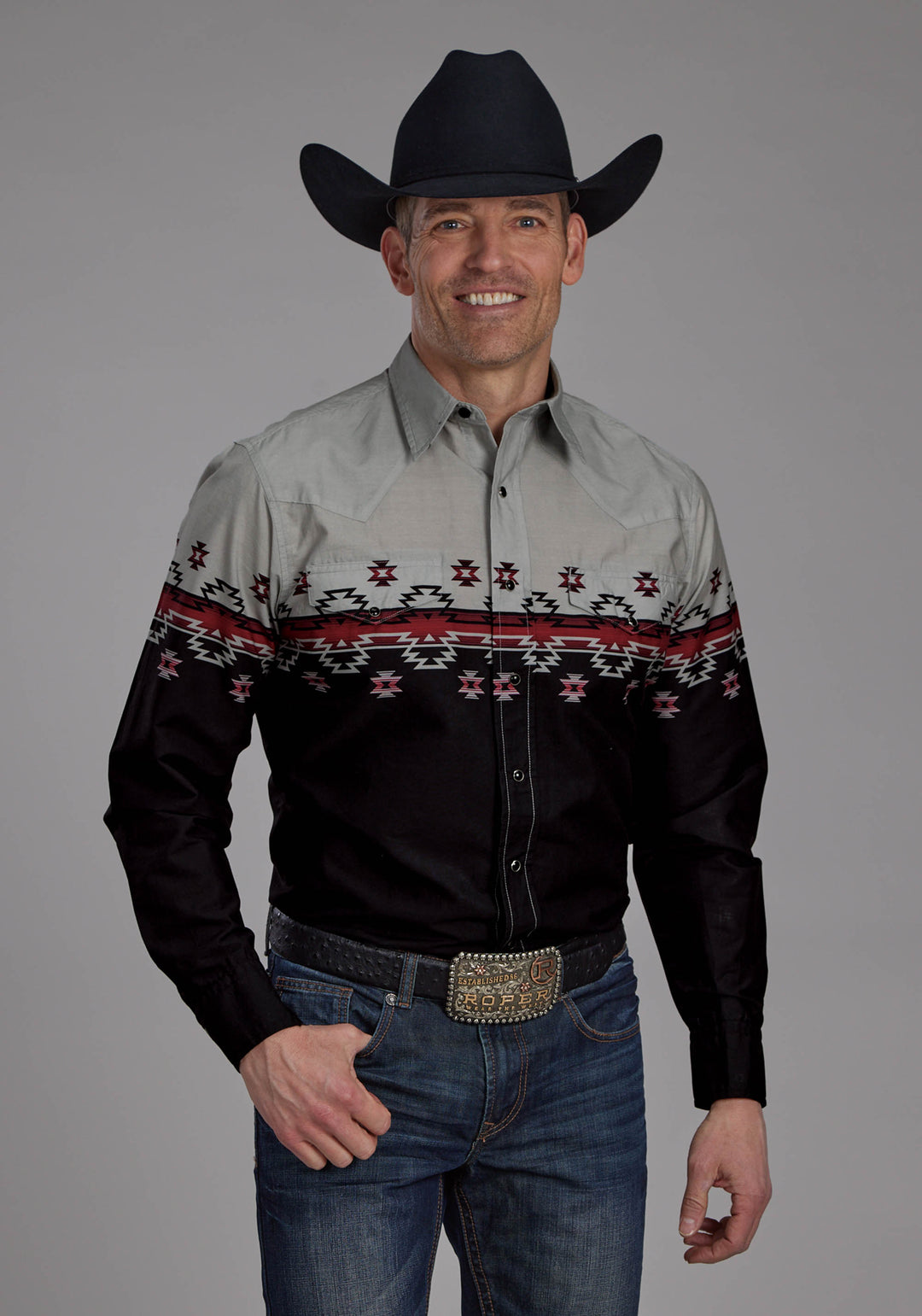 MENS OMBRE AZTEC BORDER LONG SLEEVE SNAP WESTERN SHIRT