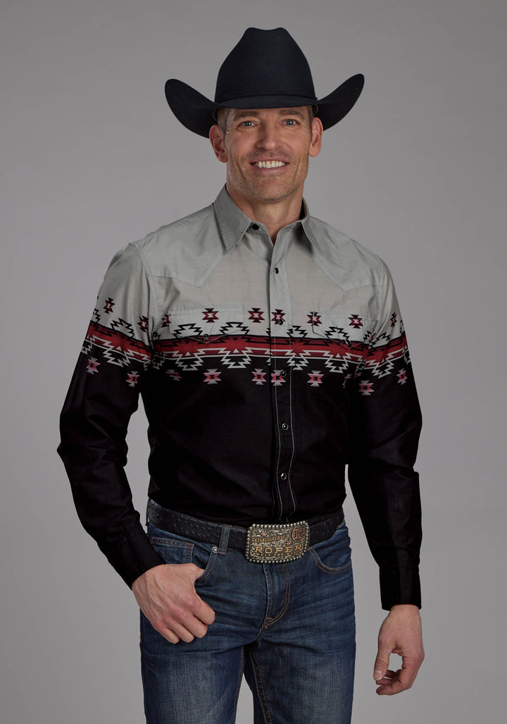 MENS OMBRE AZTEC BORDER LONG SLEEVE SNAP WESTERN SHIRT