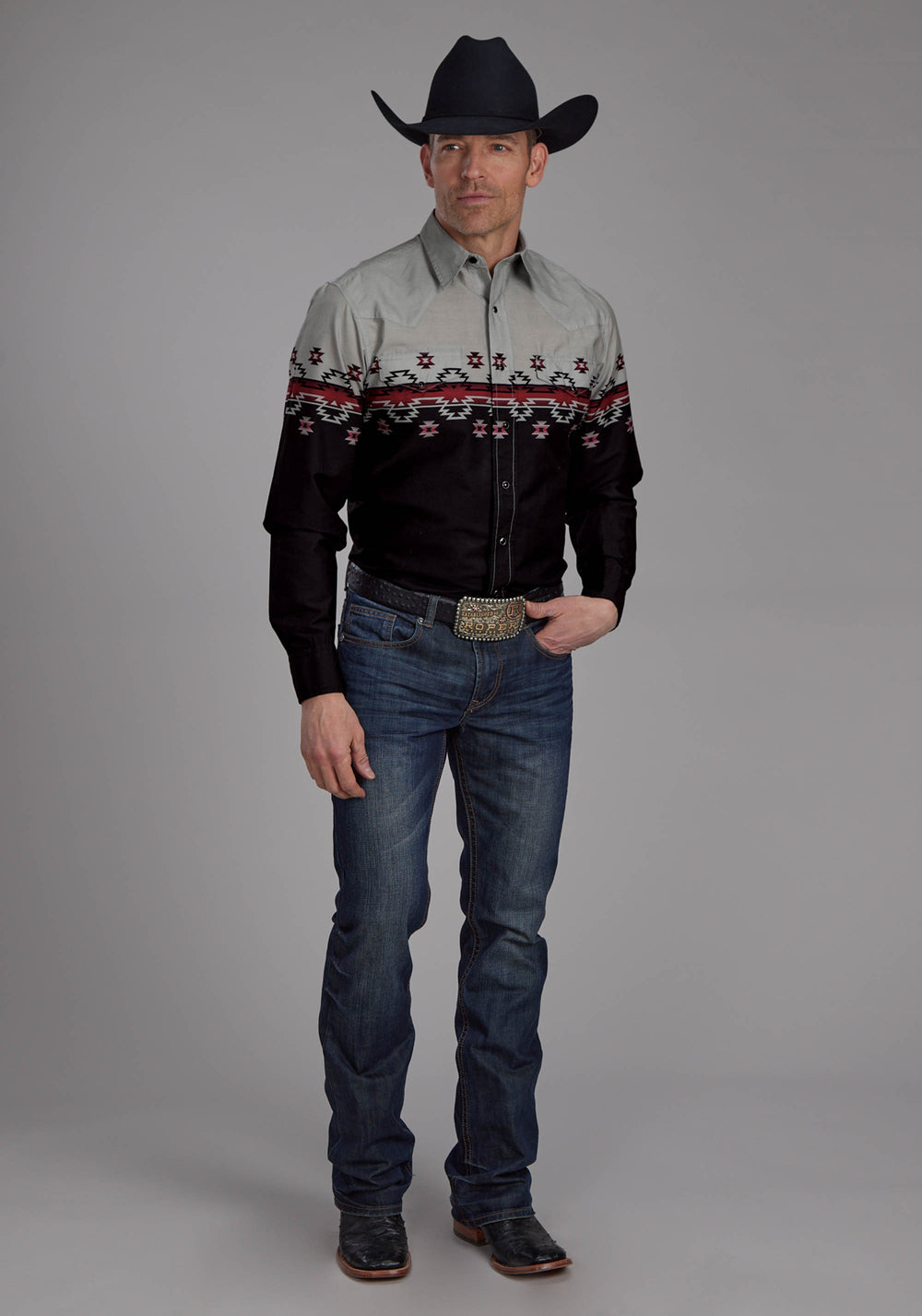 MENS OMBRE AZTEC BORDER LONG SLEEVE SNAP WESTERN SHIRT