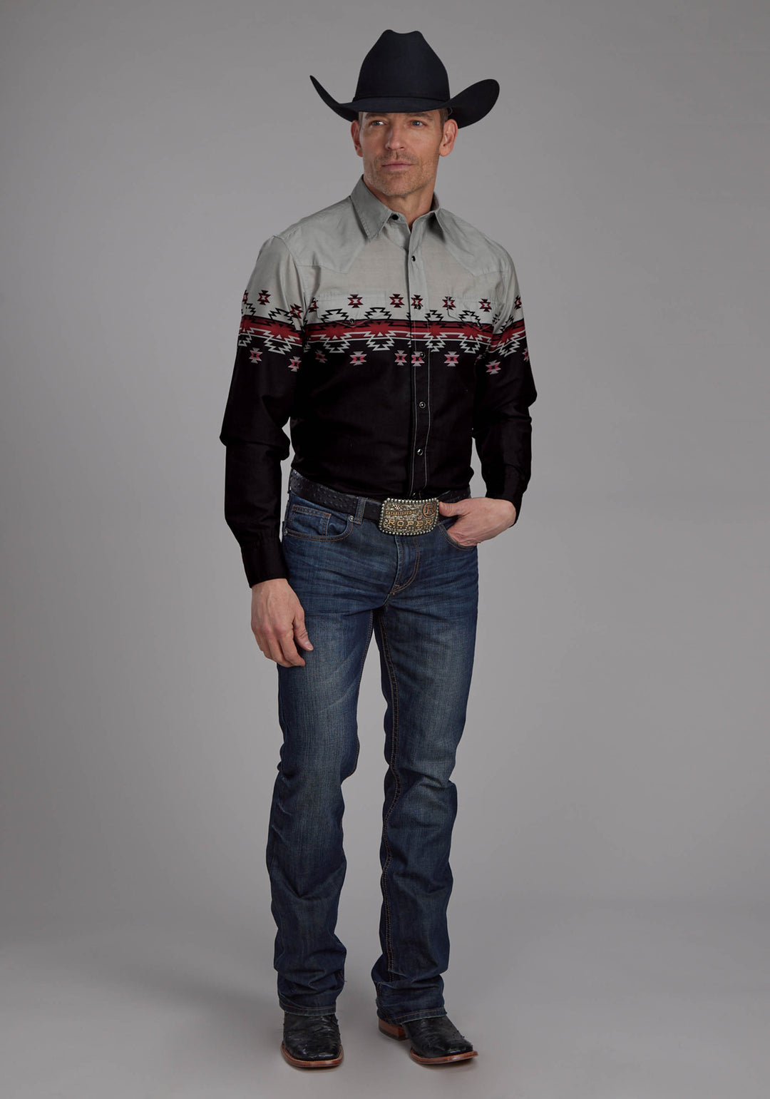 MENS OMBRE AZTEC BORDER LONG SLEEVE SNAP WESTERN SHIRT