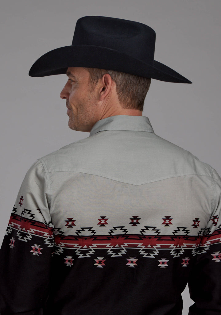 MENS OMBRE AZTEC BORDER LONG SLEEVE SNAP WESTERN SHIRT