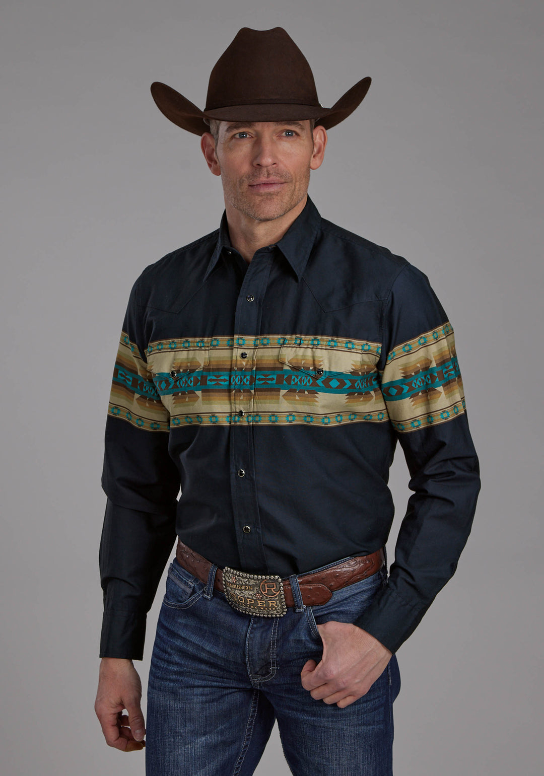 MENS NAVY AZTEC BORDER LONG SLEEVE SNAP WESTERN SHIRT