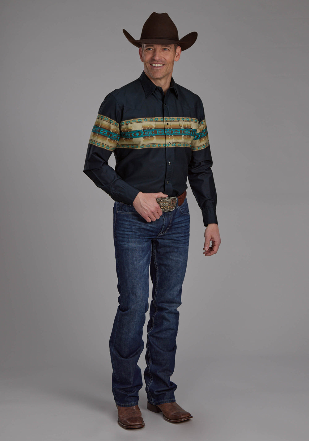 MENS NAVY AZTEC BORDER LONG SLEEVE SNAP WESTERN SHIRT