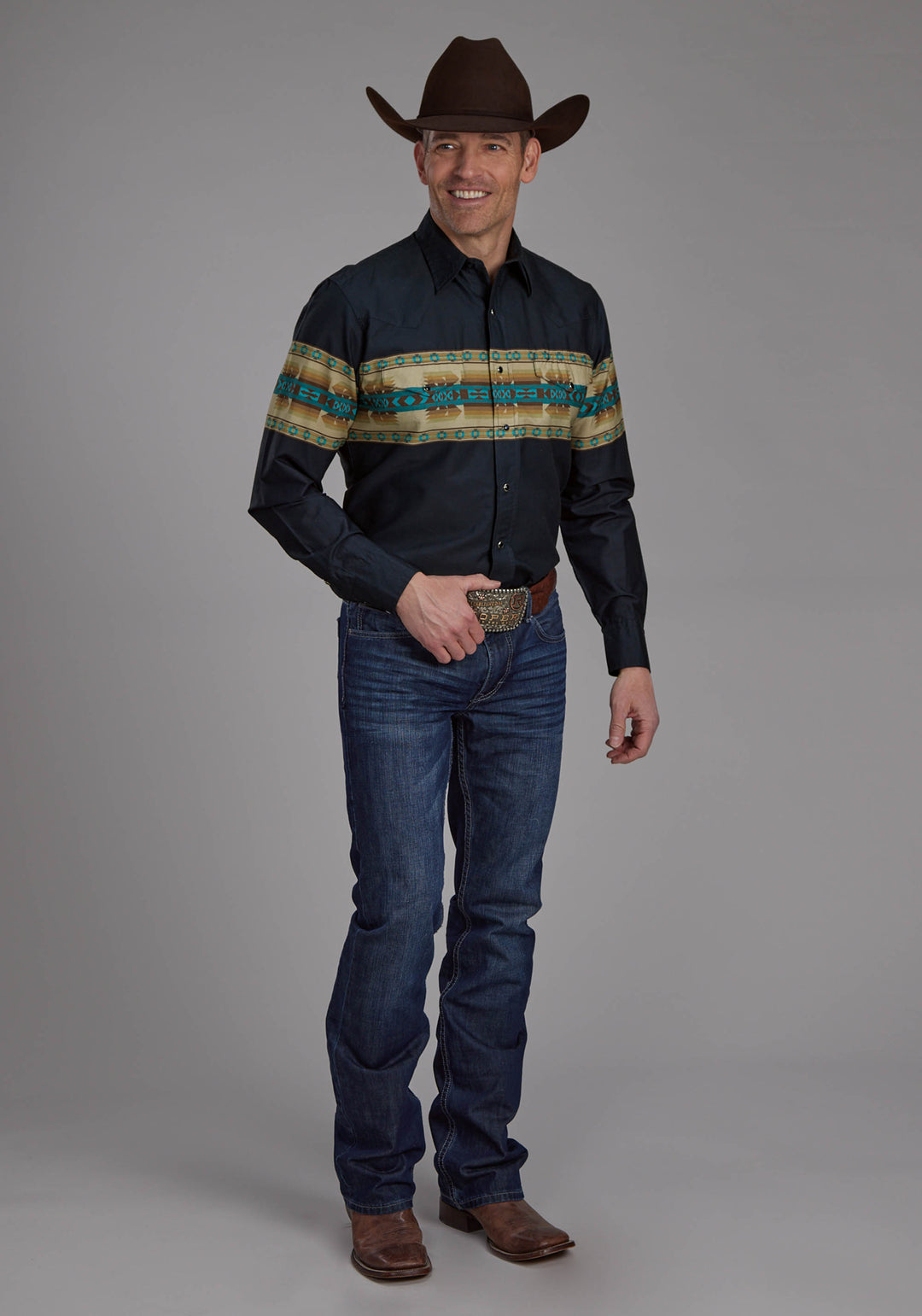 MENS NAVY AZTEC BORDER LONG SLEEVE SNAP WESTERN SHIRT
