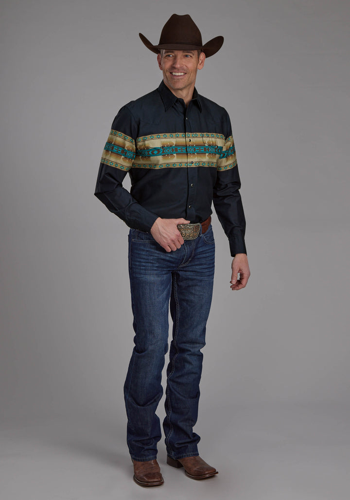 MENS NAVY AZTEC BORDER LONG SLEEVE SNAP WESTERN SHIRT