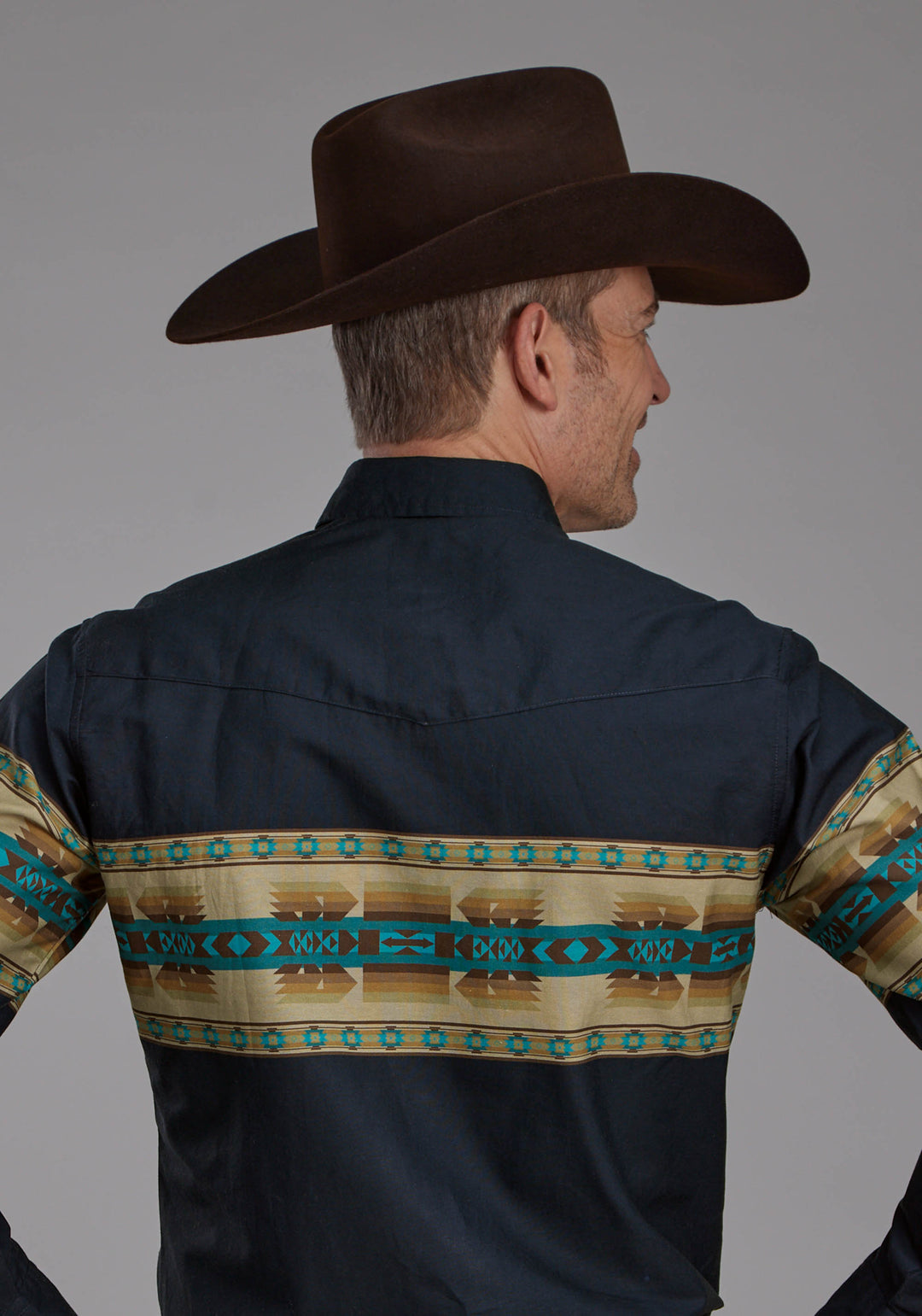 MENS NAVY AZTEC BORDER LONG SLEEVE SNAP WESTERN SHIRT