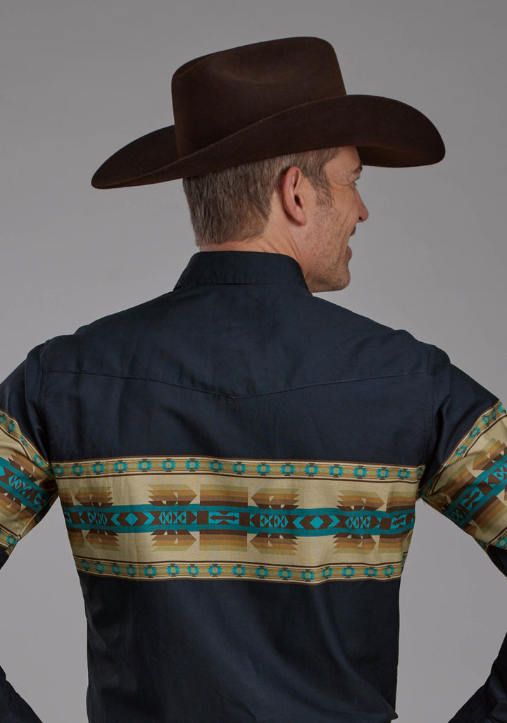 MENS NAVY AZTEC BORDER LONG SLEEVE SNAP WESTERN SHIRT