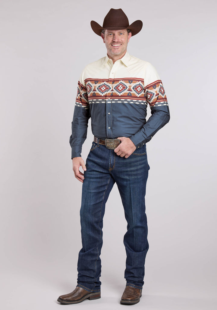 MENS LONG SLEEVE SNAP OMBRE BORDER PRINT WESTERN SHIRT