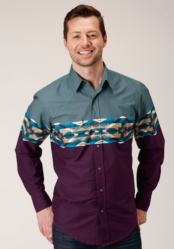 MENS LONG SLEEVE SNAP TILE AZTEC BORDER PRINT WESTERN SHIRT