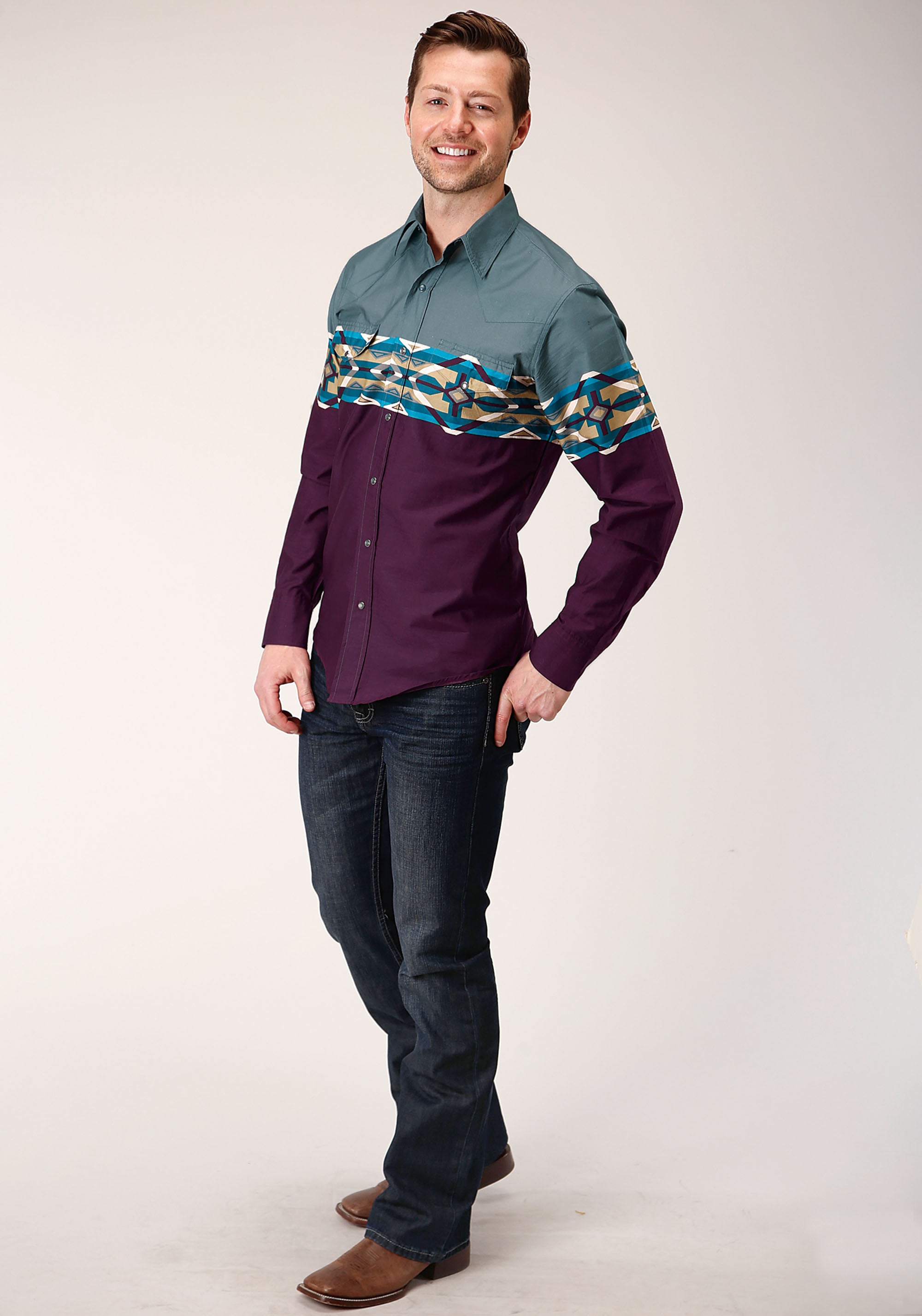 Mens Long Sleeve Snap Tile Aztec Border Print Western Shirt