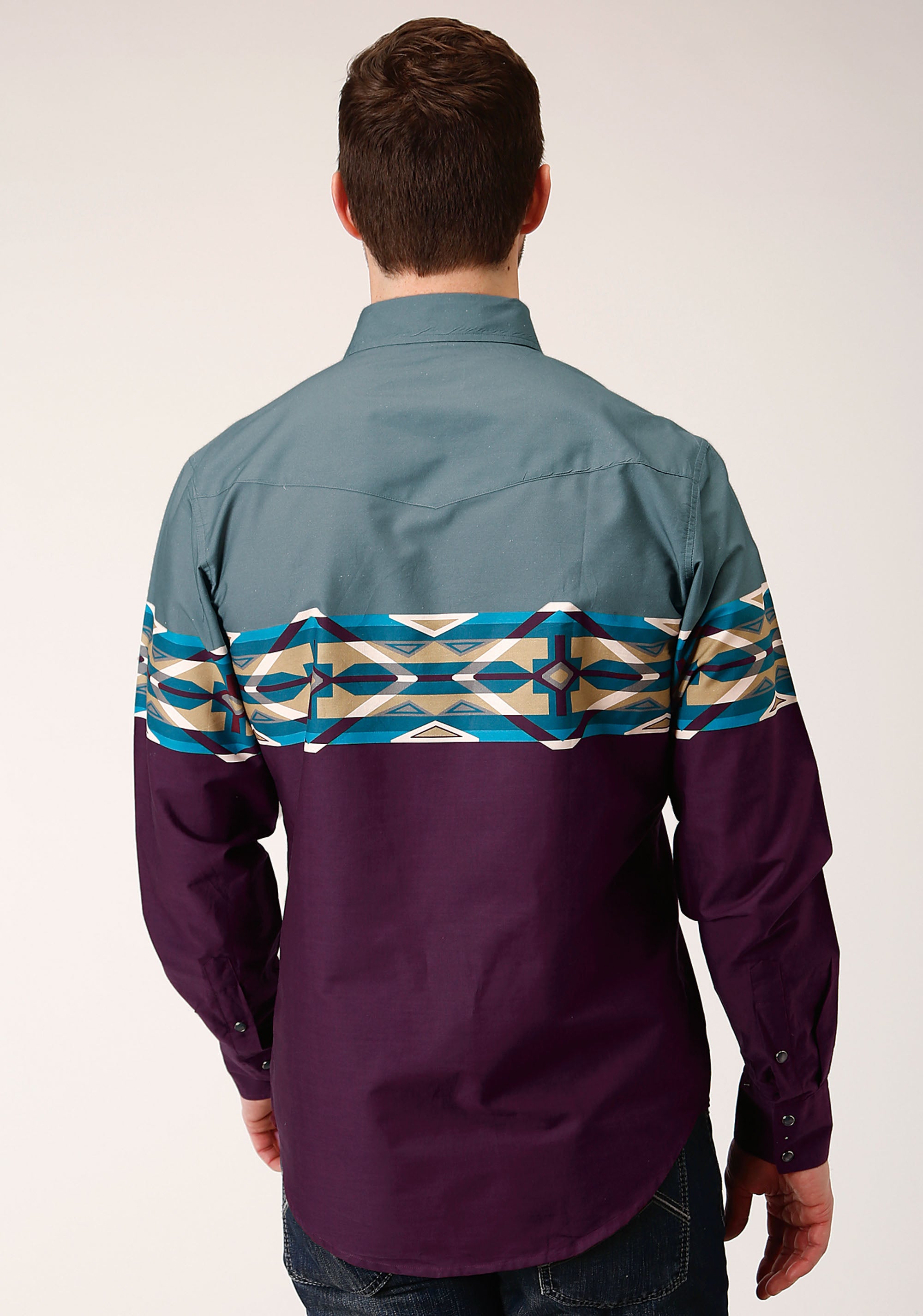 Mens Long Sleeve Snap Tile Aztec Border Print Western Shirt