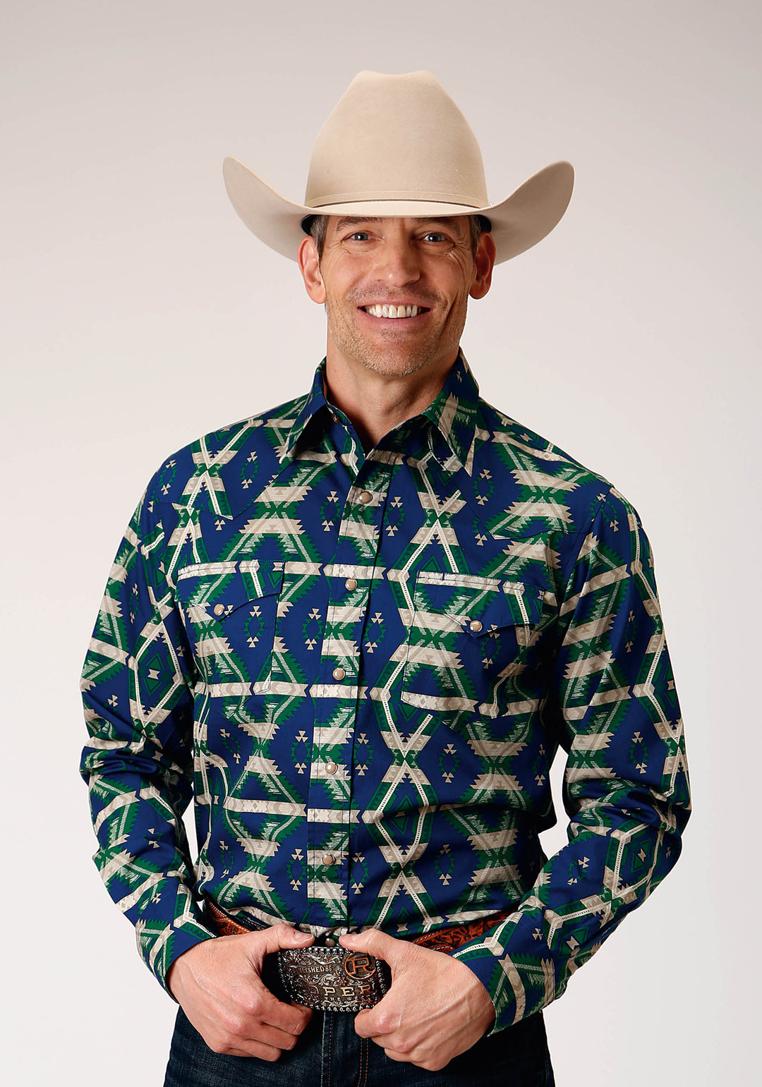 MENS LONG SLEEVE SNAP NAVY AZTEC ALLOVER PRINT WESTERN SHIRT