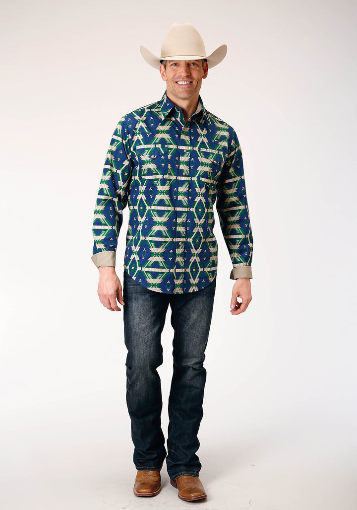 MENS LONG SLEEVE SNAP NAVY AZTEC ALLOVER PRINT WESTERN SHIRT