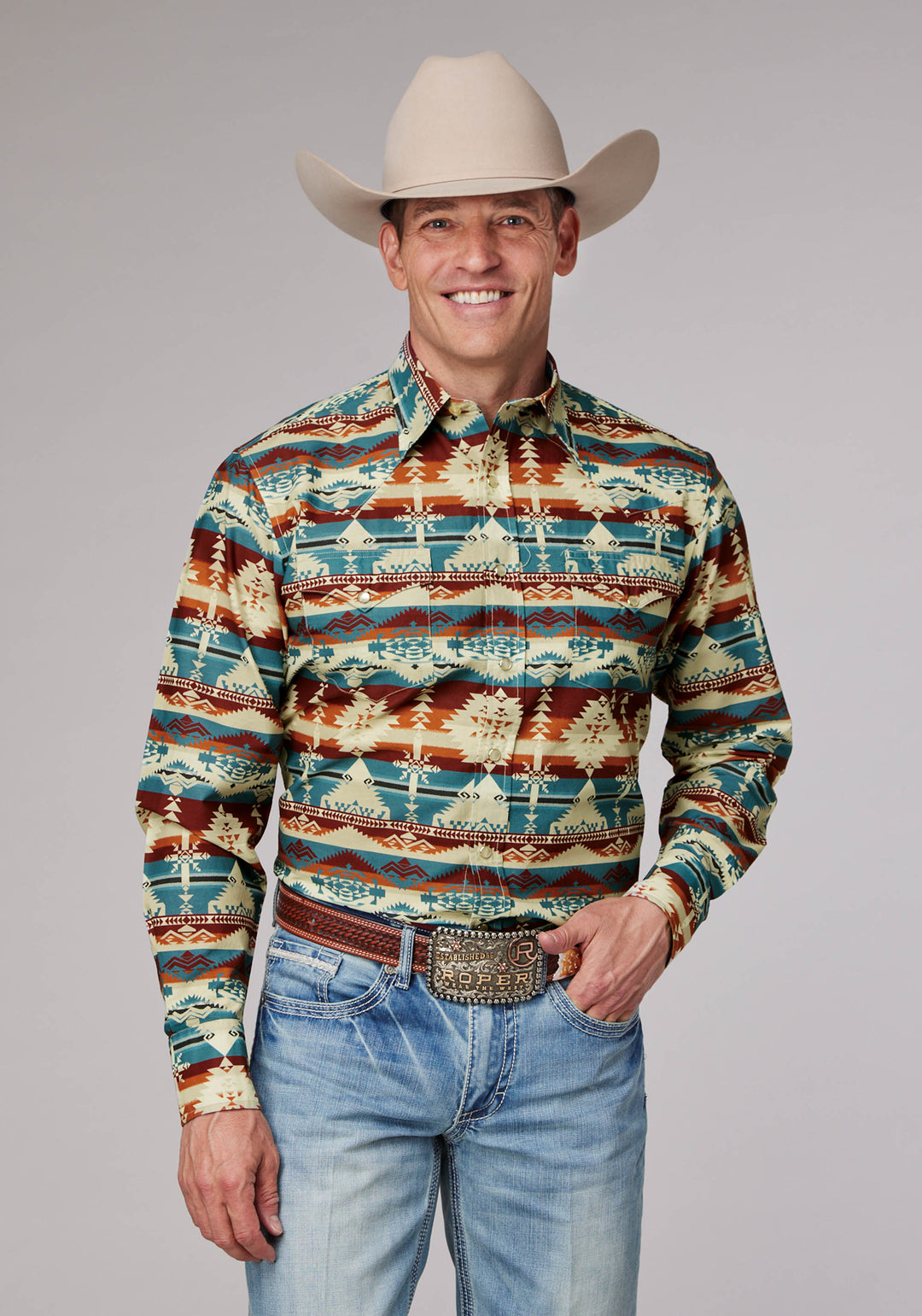 MENS HORIZONTAL AZTEC SERAPE LONG SLEEVE SNAP WESTERN SHIRT