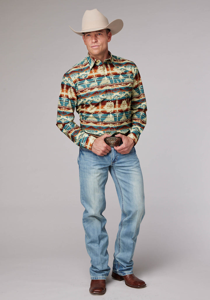 MENS HORIZONTAL AZTEC SERAPE LONG SLEEVE SNAP WESTERN SHIRT
