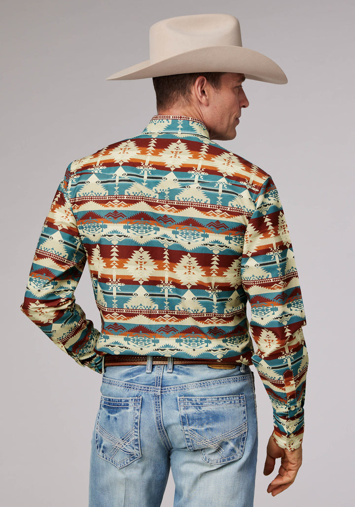 MENS HORIZONTAL AZTEC SERAPE LONG SLEEVE SNAP WESTERN SHIRT
