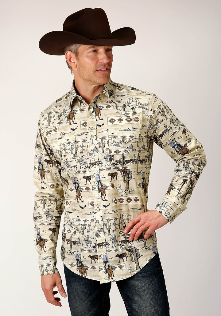 MENS LONG SLEEVE SNAP VINTAGE POSTCARD PRINT WESTERN SHIRT
