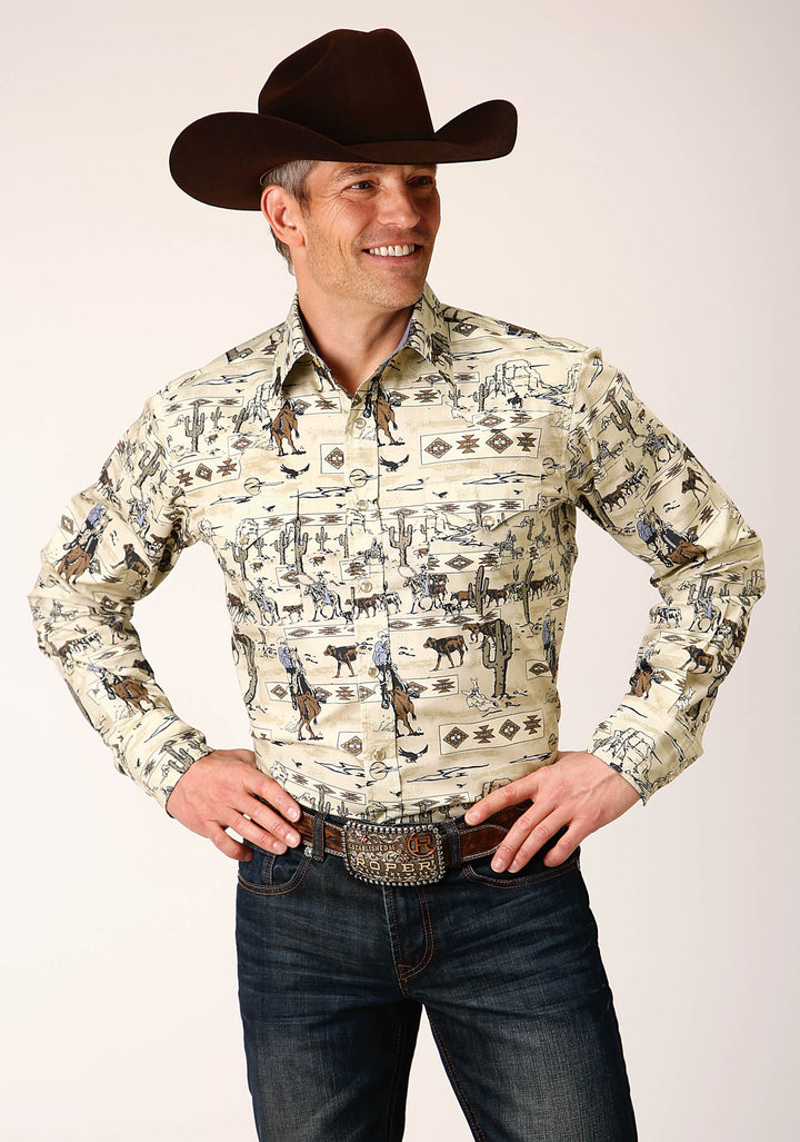 MENS LONG SLEEVE SNAP VINTAGE POSTCARD PRINT WESTERN SHIRT