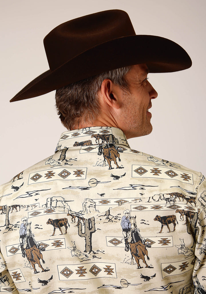 MENS LONG SLEEVE SNAP VINTAGE POSTCARD PRINT WESTERN SHIRT
