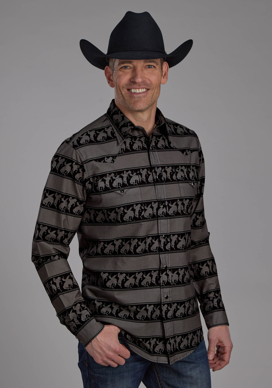 MENS HORIZONTAL RODEO STRIPE LONG SLEEVE SNAP WESTERN SHIRT