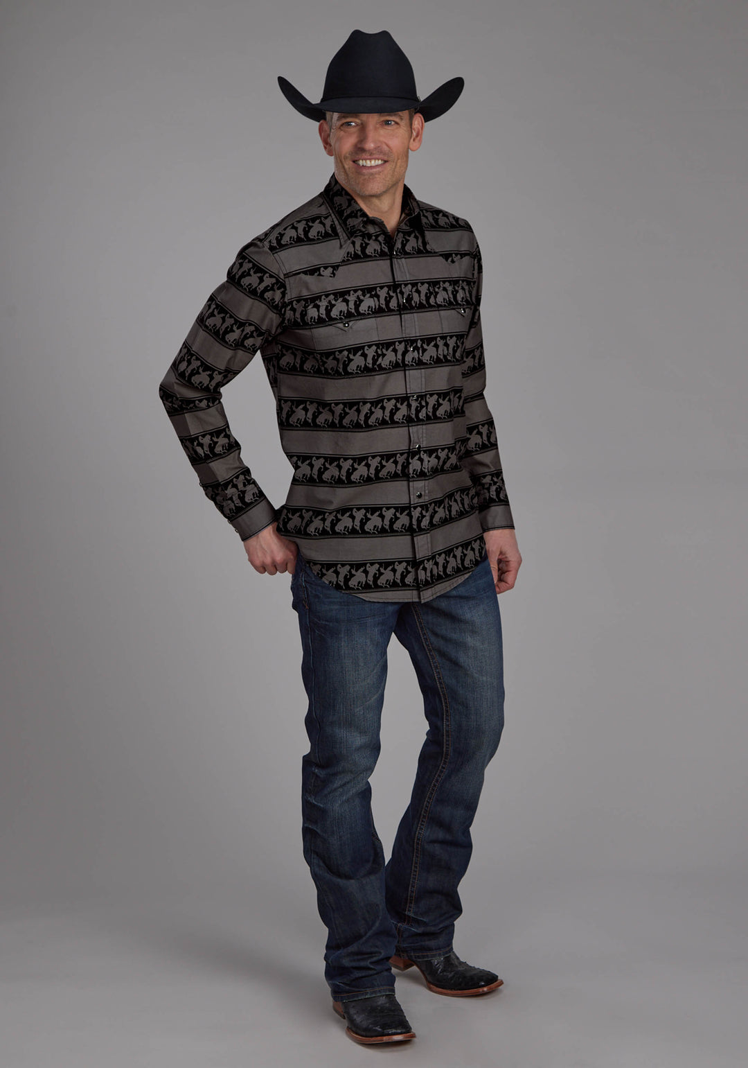 MENS HORIZONTAL RODEO STRIPE LONG SLEEVE SNAP WESTERN SHIRT