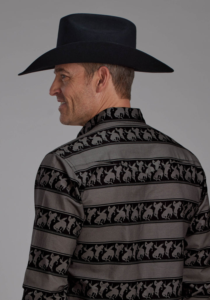 MENS HORIZONTAL RODEO STRIPE LONG SLEEVE SNAP WESTERN SHIRT
