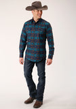 MENS LONG SLEEVE SNAP TURQUOISE BLANKET HORIZONTAL PRINT WESTERN SHIRT