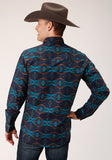 MENS LONG SLEEVE SNAP TURQUOISE BLANKET HORIZONTAL PRINT WESTERN SHIRT