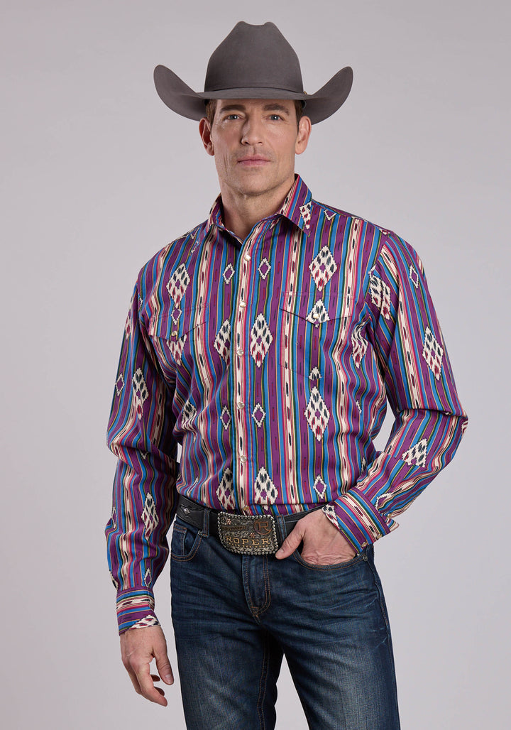MENS LONG SLEEVE SNAP VINTAGE STRIPE WESTERN SHIRT