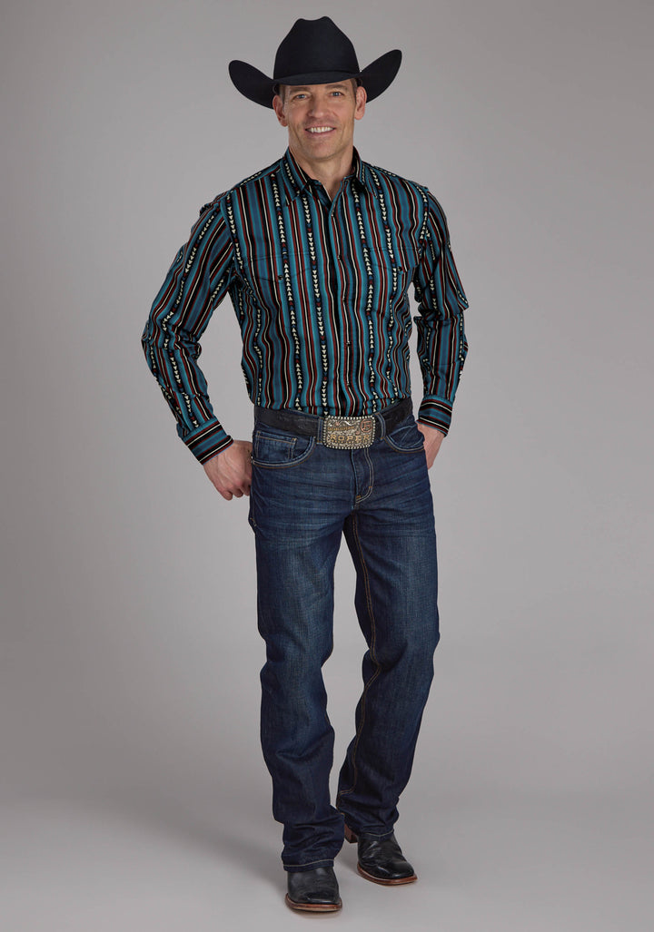 MENS VERTICAL STRIPE LONG SLEEVE SNAP WESTERN SHIRT