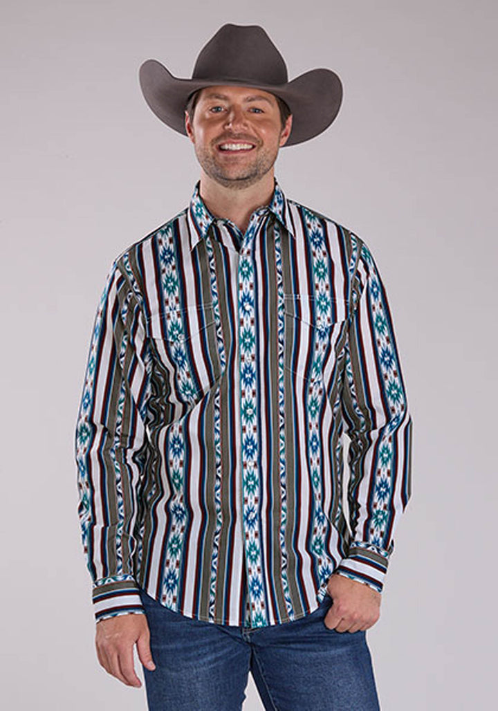 MENS VERTICAL RETRO STRIPE LONG SLEEVE SNAP WESTERN SHIRT