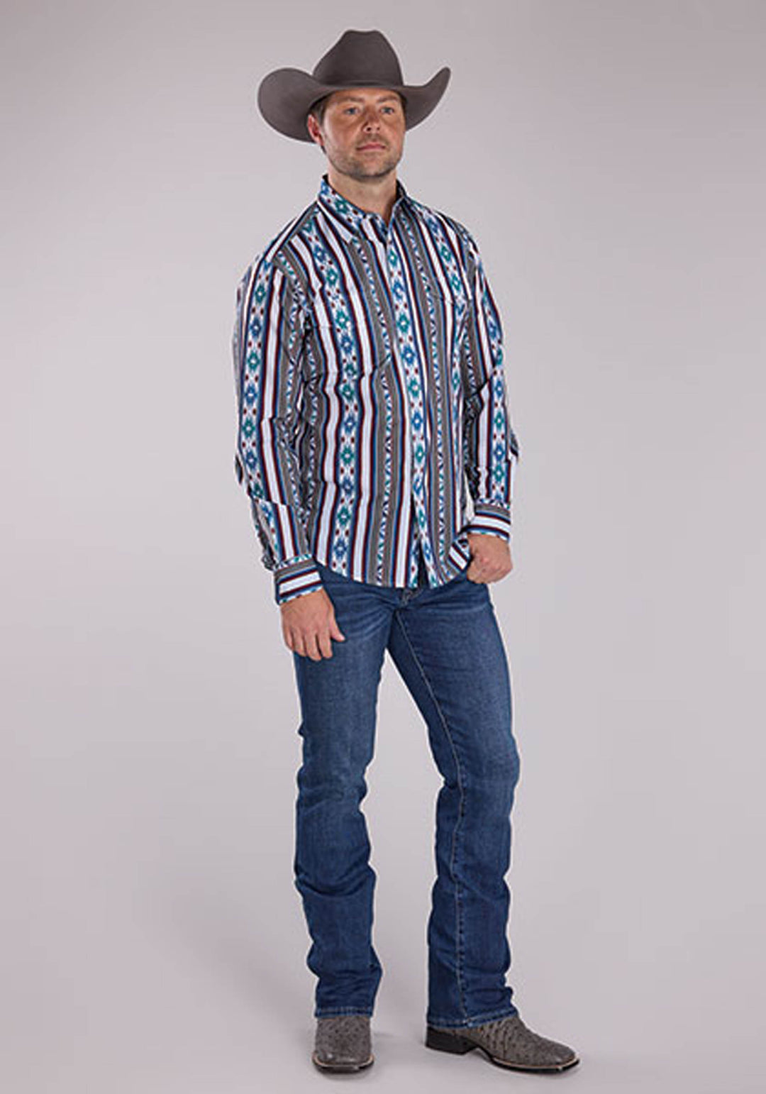 MENS VERTICAL RETRO STRIPE LONG SLEEVE SNAP WESTERN SHIRT