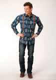 MENS LONG SLEEVE SNAP NAVY AZTEC STRIPE WESTERN SHIRT