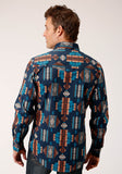 MENS LONG SLEEVE SNAP NAVY AZTEC STRIPE WESTERN SHIRT