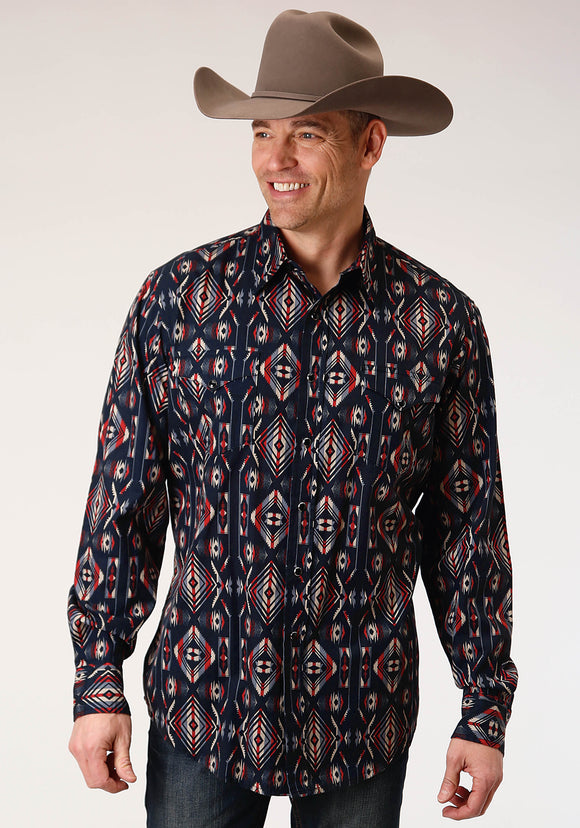 MENS LONG SLEEVE SNAP BLANKET STRIPE WESTERN SHIRT