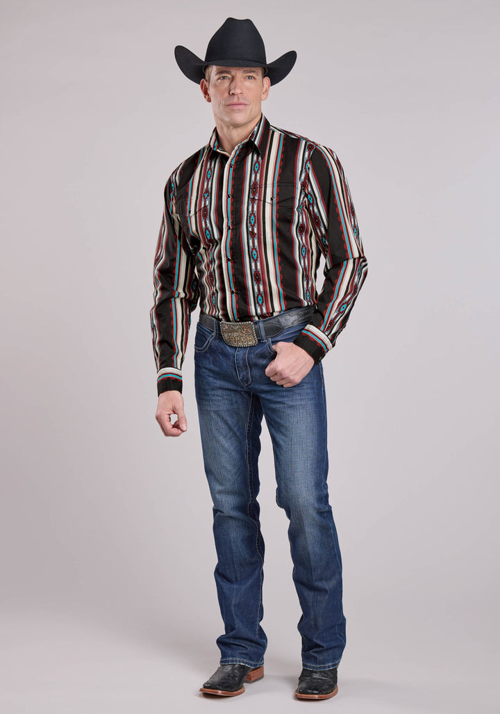 MENS LONG SLEEVE SNAP SERAPE STRIPE WESTERN SHIRT
