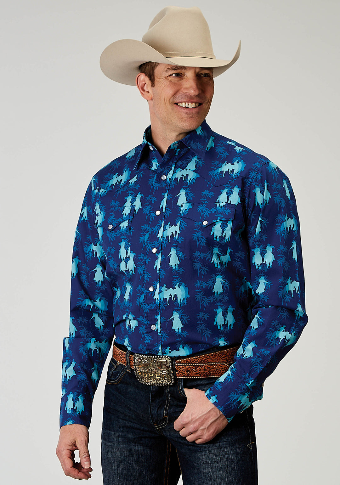 MENS LONG SLEEVE SNAP HAWAIIAN OMBRE PRINT WESTERN SHIRT