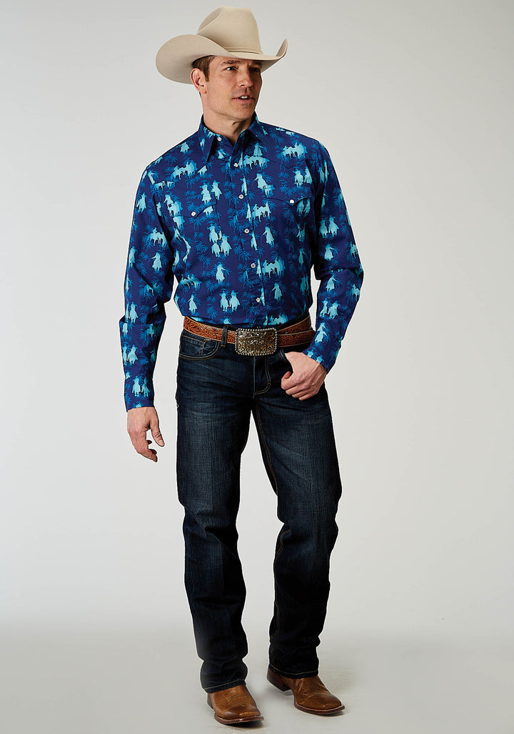 MENS LONG SLEEVE SNAP HAWAIIAN OMBRE PRINT WESTERN SHIRT