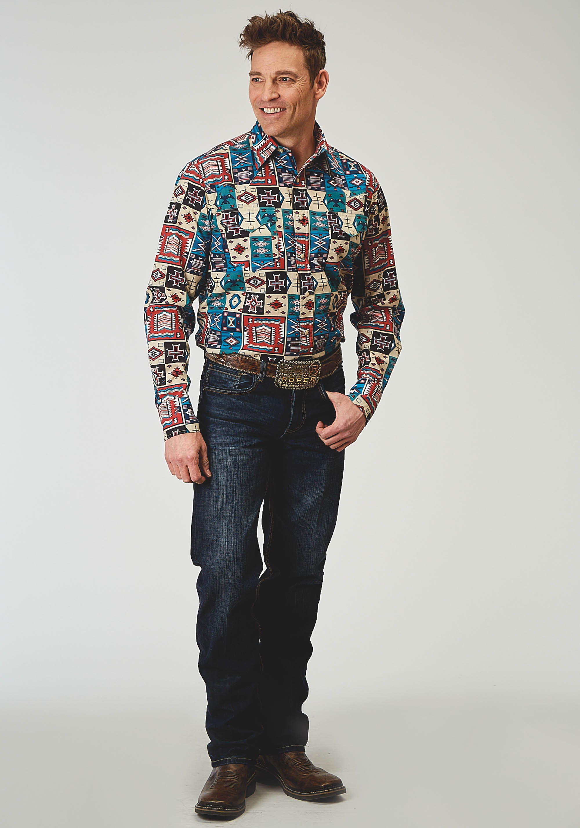 Mens Long Sleeve Snap Vintage Patchwork Print Western Shirt